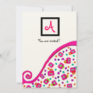Invitación MONOGRAMA ABSTRACTA CUADRADA DECO ROSA FUCsia BLAN