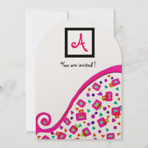 Invitación MONOGRAMA ABSTRACTA CUADRADA DECO ROSA FUCsia BLAN