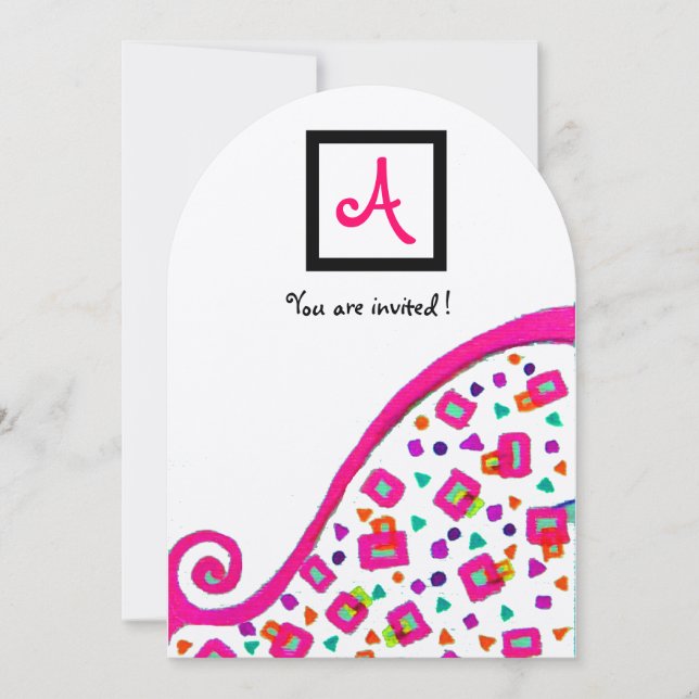 Invitación MONOGRAMA ABSTRACTA CUADRADA DECO ROSA FUCsia BLAN (Anverso)