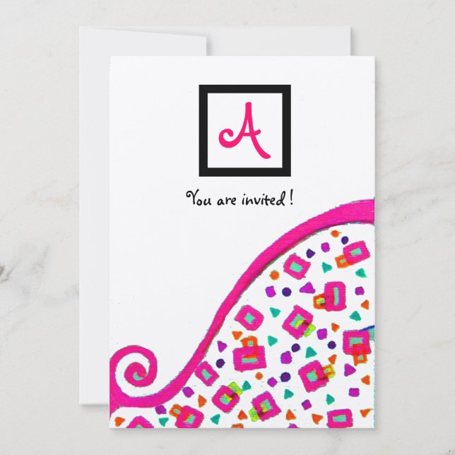 Invitación MONOGRAMA ABSTRACTA DECO CUADRADA PLATA FUCsia ROS (Anverso)