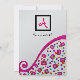 Invitación MONOGRAMA ABSTRACTA DECO CUADRADA PLATA FUCsia ROS