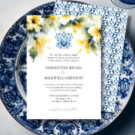 Invitación Monograma acuarela azul y amarillo Boda formal