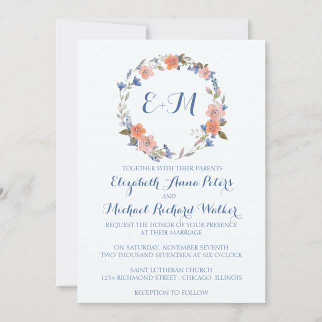 Invitación Monograma acuarela Boda de flor (Anverso)