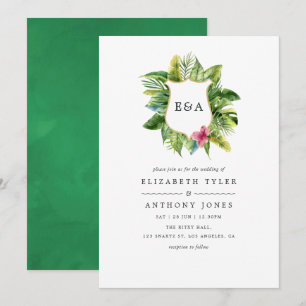 Invitación Monograma acuarela boda de verano tropical de play