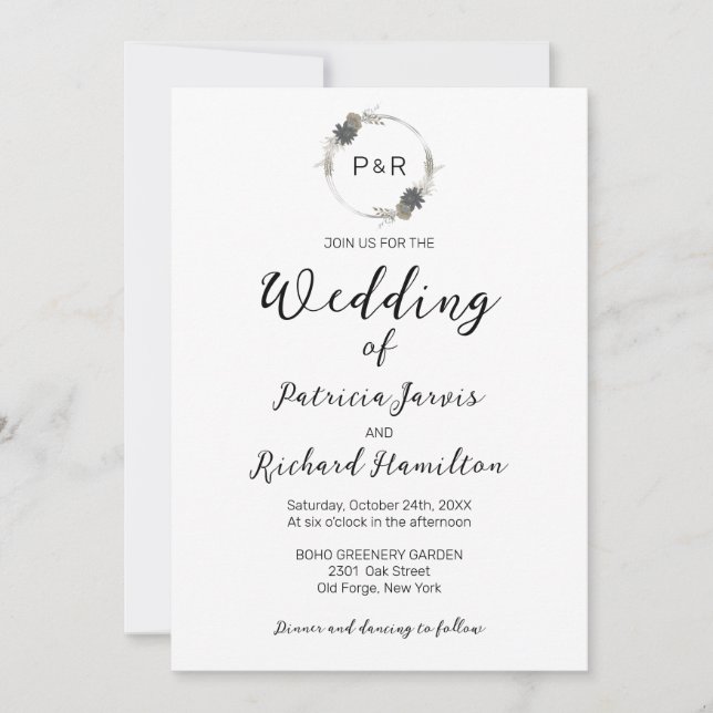 Invitación Monograma Acuarela Floral Elegante Boda (Anverso)