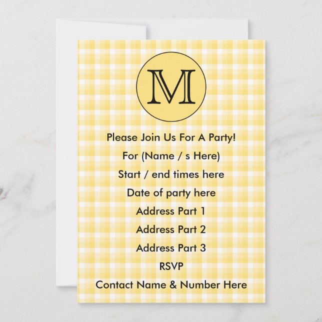 Invitación Monograma amarillo. Letra Personalizado y patrón d (Anverso)