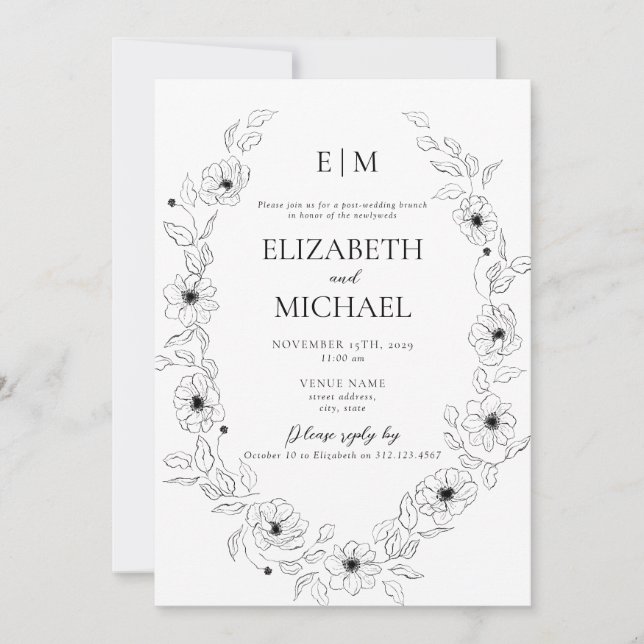 Invitación Monograma anémico floral blanco y negro Boda posto (Anverso)
