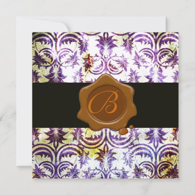 Invitación MONOGRAMA ANTIGUA DE LA CERRADURA DE DAMASK, púrpu (Anverso)