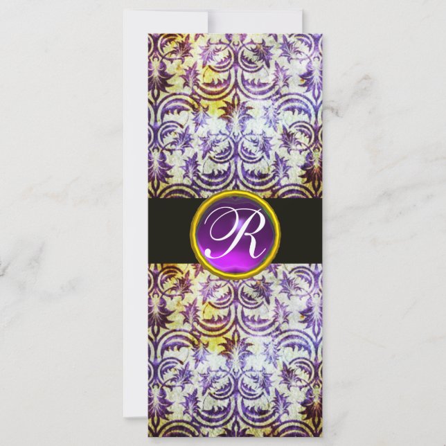 Invitación MONOGRAMA ANTIGUO DAMASK, morado blanco negro, dor (Anverso)