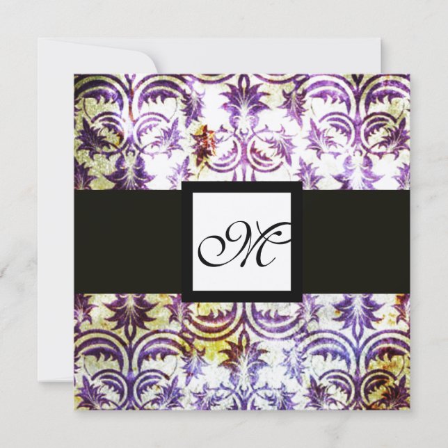 Invitación MONOGRAMA ANTIGUO DAMASK, morado blanco negro, dor (Anverso)