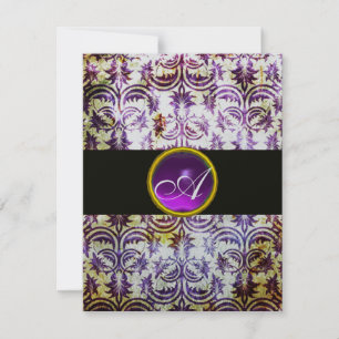 Invitación MONOGRAMA ANTIGUO DAMASK, morado blanco negro, pla