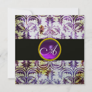 Invitación MONOGRAMA ANTIGUO DAMASK, morado blanco negro, pla
