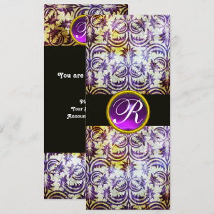Invitación MONOGRAMA ANTIGUO DAMASK, morado blanco negro, pla
