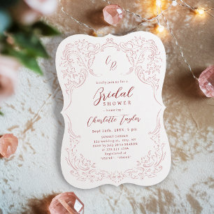 Invitación Monograma Antiguo Rosa de Regadera Nupcial 