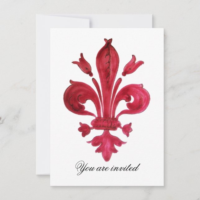 Invitación Monograma ANTIQUE RED FLEUR DE LIS Damask Gem (Anverso)