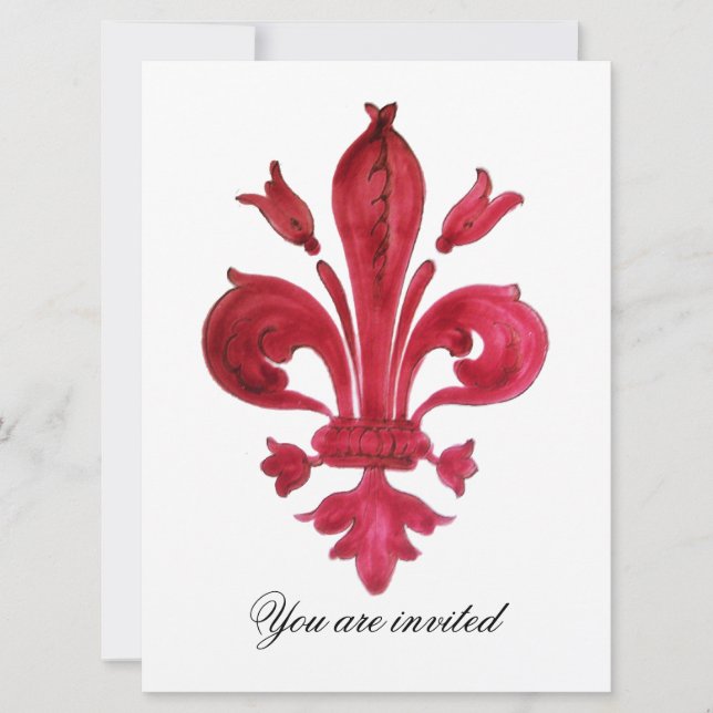 Invitación Monograma ANTIQUE RED FLEUR DE LIS Damask Gem (Anverso)