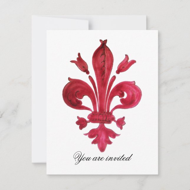 Invitación Monograma ANTIQUE RED FLEUR DE LIS Damask Gem (Anverso)