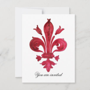 Invitación Monograma ANTIQUE RED FLEUR DE LIS Damask Gem