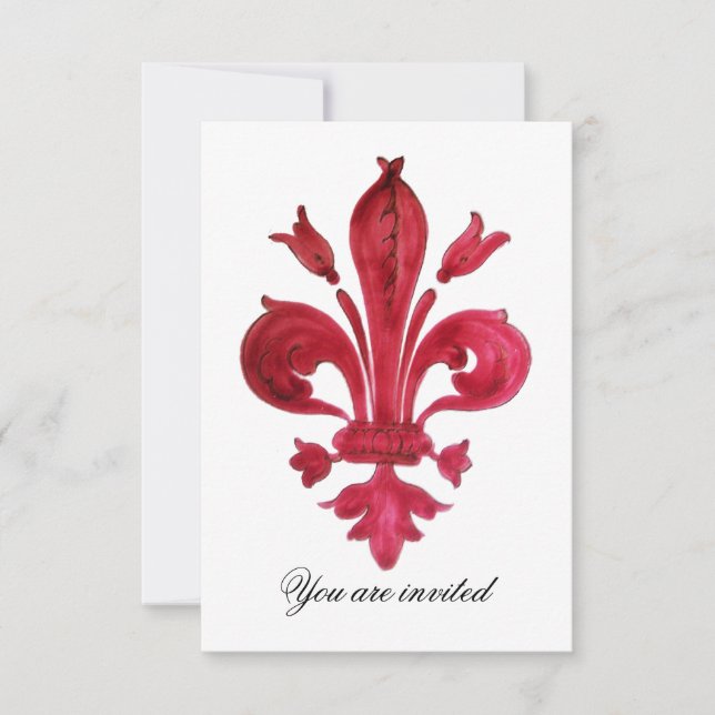 Invitación Monograma ANTIQUE RED FLEUR DE LIS Damask Gem (Anverso)