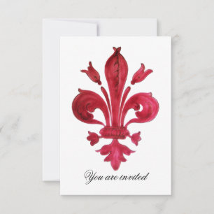 Invitación Monograma ANTIQUE RED FLEUR DE LIS Damask Gem
