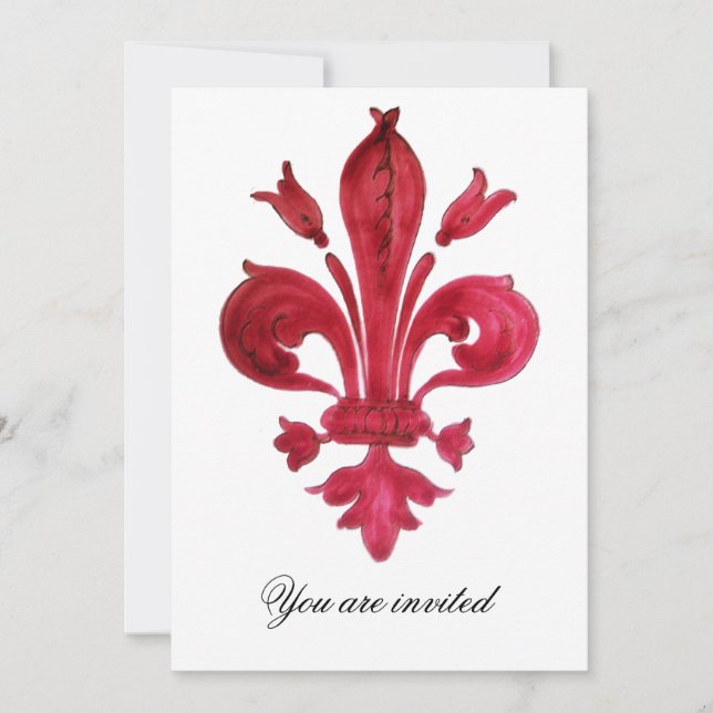 Invitación Monograma ANTIQUE RED FLEUR DE LIS Damask Gem (Anverso)
