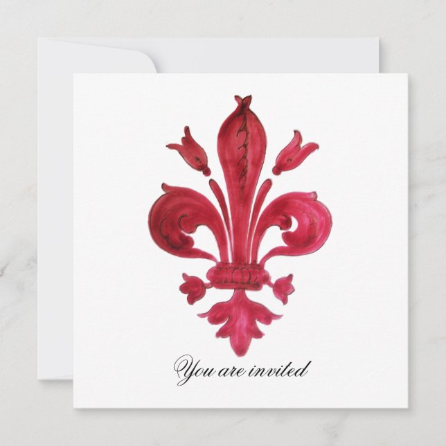 Invitación Monograma ANTIQUE RED FLEUR DE LIS Damask Gem (Anverso)