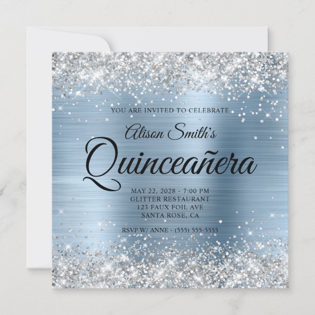 Invitación Monograma azul claro Purpurina plateado Quinceaner (Anverso)