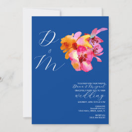 Invitación Monograma azul de acuarela de flores brillantes pa