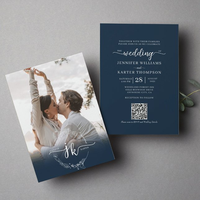 Invitación Monograma azul de la Marina Floral Foto Boda de có (Subido por el creador)