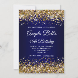 Invitación Monograma azul de la Marina Purpurina de Oro 40 cu