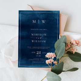 Invitación Monograma azul de la marina y matrimonio elegante 
