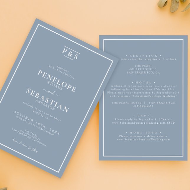 Invitación Monograma Azul Dusto Simple Todo En Un Boda (Subido por el creador)