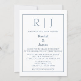 Invitación Monograma Azul Dusty Elegante Boda Mínimo Elegante
