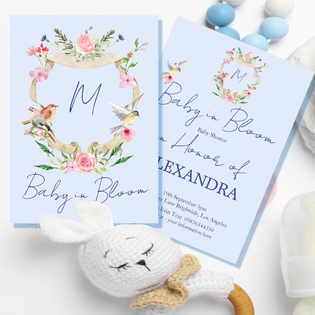 Invitación Monograma azul Escudo de Baby Shower (Subido por el creador)