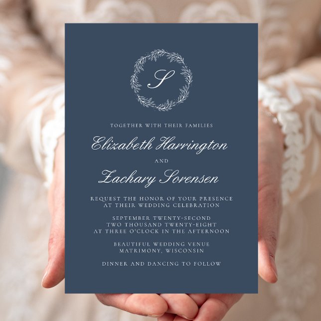 Invitación Monograma azul índigo Wreath Boda de escritura bla (Subido por el creador)