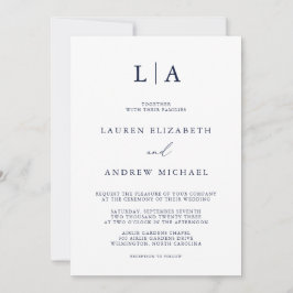 Invitación Monograma azul marino Boda Minimalista simple