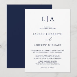 Invitación Monograma azul marino Boda Minimalista simple