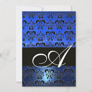 Invitación MONOGRAMA AZUL NEGRO DAMASK, blanco brillante