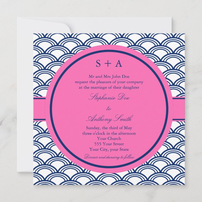 Invitación Monograma azul real, Boda rosado de Seigaiha (Anverso)