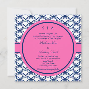 Invitación Monograma azul real, Boda rosado de Seigaiha