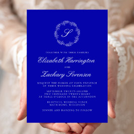 Invitación Monograma azul real Wreath Boda de escritura blanc