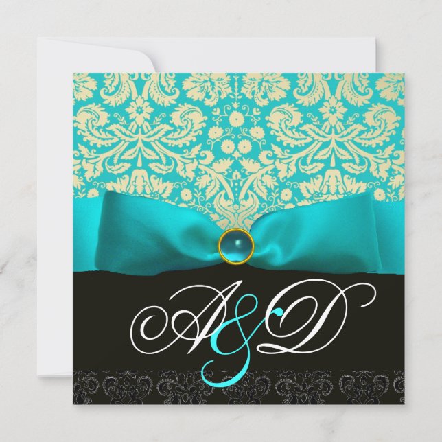 INVITACIÓN MONOGRAMA AZUL RIBBON TURQUISE BLANCO NEGRO DAMASK (Anverso)