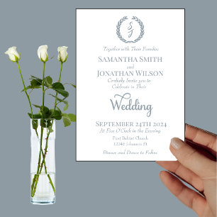 Invitación Monograma azul turbio Boda blanco