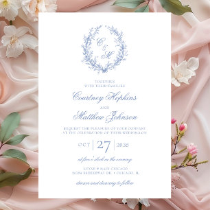 Invitación Monograma azul turbio Boda de guirnaldas botánicas