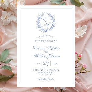 Invitación Monograma azul turbio Boda de guirnaldas botánicas