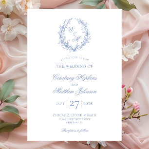 Invitación Monograma azul turbio Boda de guirnaldas botánicas