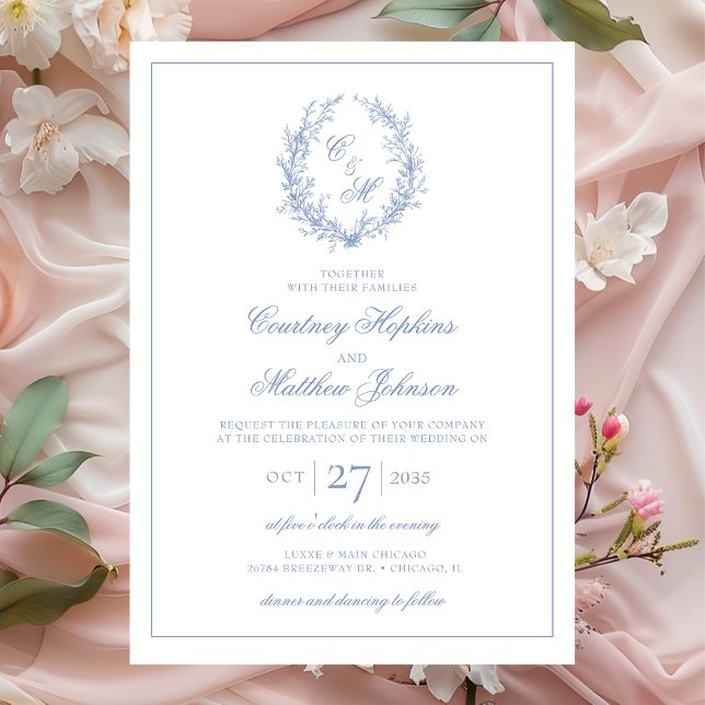 Invitación Monograma azul turbio Boda de guirnaldas botánicas (Subido por el creador)