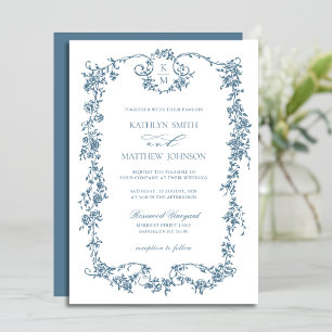 Invitación Monograma azul turbio elegante Boda de marco vinta