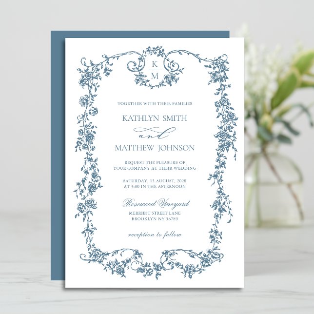 Invitación Monograma azul turbio elegante Boda de marco vinta (Subido por el creador)