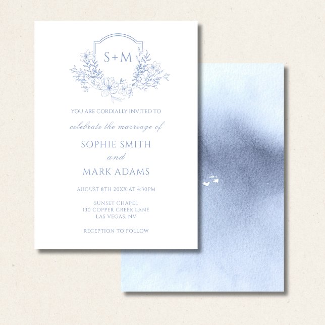 Invitación Monograma azul turbio Escudo inicial Boda floral (Subido por el creador)
